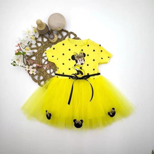 2-3-4 Yaş Puantiyeli Mickey Baskılı Kurdela Kuşaklı Astarlı Kız Bebek Tütü Elbisesi Sarı