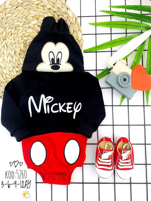 Kapşonlu Mickey Desenli Uzun Kollu Kız Erkek Bebek Bady &zıbın Siyah