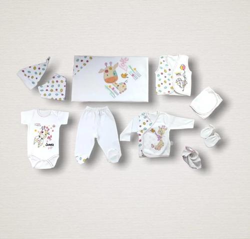 Love Zürafa Nakışlı  10lu Zıbın Takımı Hastane Çıkışı Ekru