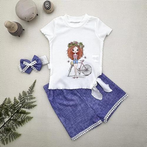 1-2-3 Yaş Bisikletli Kız Baskılı Bandanalı Kot Desenli Şort Kısa Kollu Tişört 3lü Kız Bebek Takımı M