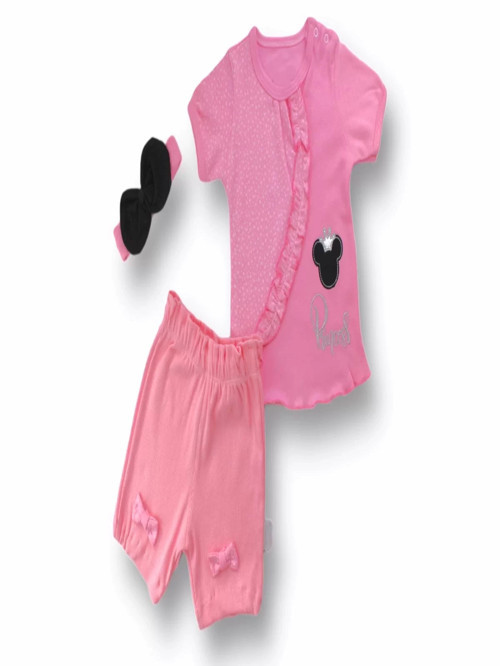 3-6 6-9 9-12 12-18 Ay Princess Taçlı Mickey Nakışlı Şort Tişört 3lü Kız Bebek Takımı Pembe