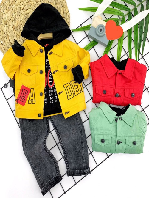 2-3-4-5 Yaş Pantolonlu Sweat Gabardin Ceket Cepli Kot Pantolon 3lü Erkek Bebek Takımı Yeşil