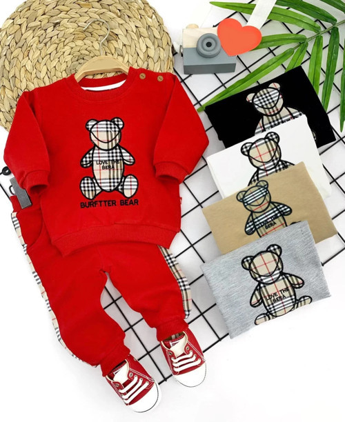 9-12-18-24 Ay Burftter Bear Baskılı 2li Kız Erkek Bebek Takımı Kırmızı