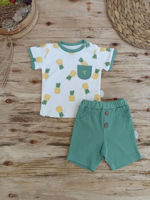 3-6 6-9 9-12 Ay Ananas Baskılı Şort Tişört 2 Li Kız Erkek Bebek Takımı Yeşil