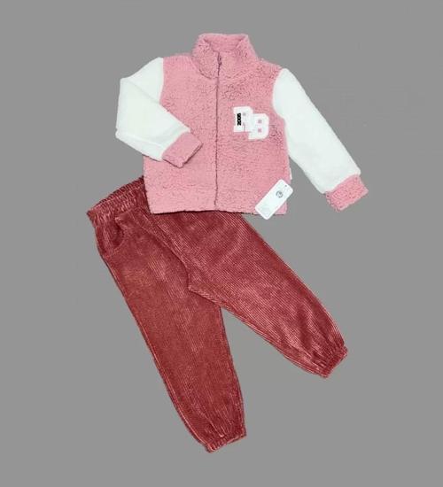 1-2-3 Yaş Kuzu Kumaş Fermuarlı Sweat Kadife Pantolonlu Uzun Kollu Kız Erkek Çocuk 2li Takım Gül Kuru