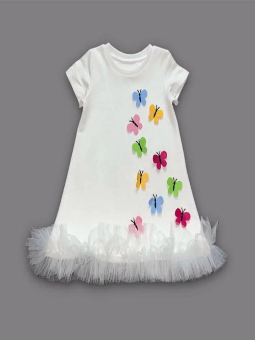 1-2-3 Yaş Renkli Kelebekler Nakışlı Eteği Fırfırlı Jile Çocuk Elbisesi Beyaz
