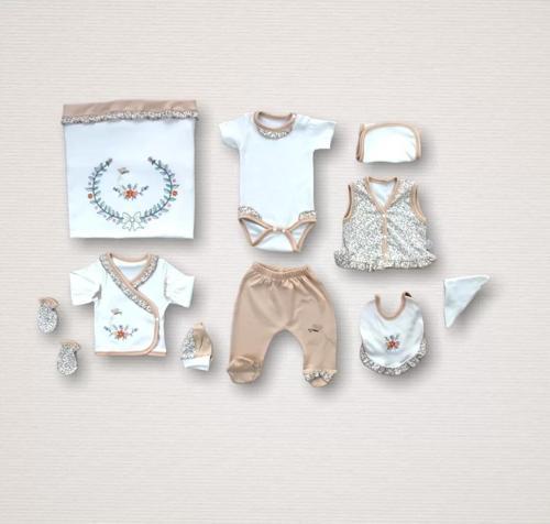 Erguvan Taç Nakışlı  Kız Bebek 10lu Zıbın Takımı Hastane Çıkışı Turuncu