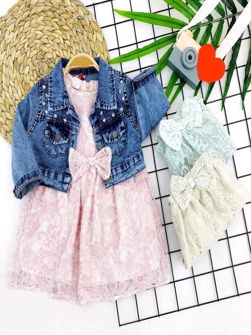 2-3-4-5 Yaş Kot Ceketli Astarlı Güpürlü 2li Kız Çocuk Elbisesi Yeşil