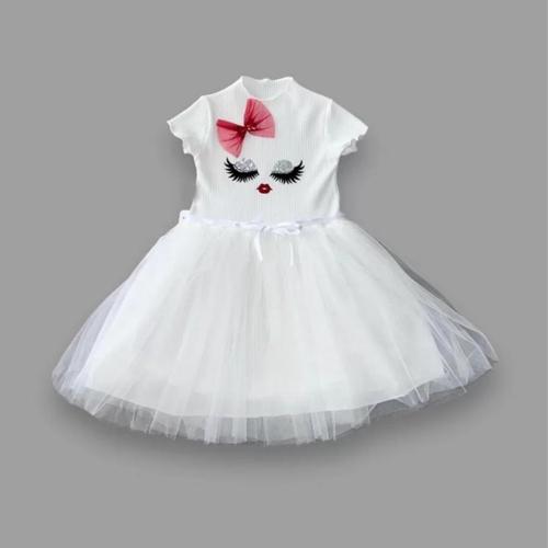 5-6-7 Yaş Payetli Süslü Yüz Baskılı Kız Çocuk Elbisesi Beyaz