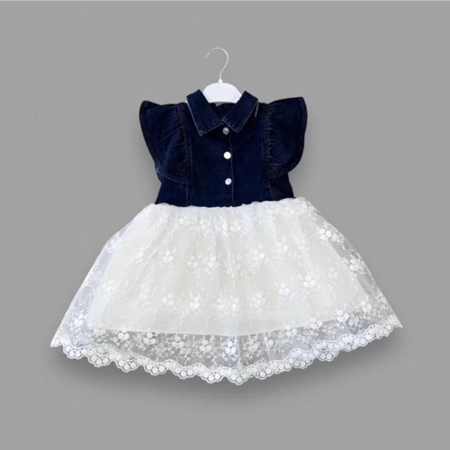 2-3-4 Yaş Astarlı Brode Etekli Kot Kumaş Düğmeli Kız Çocuk Elbisesi Lacivert