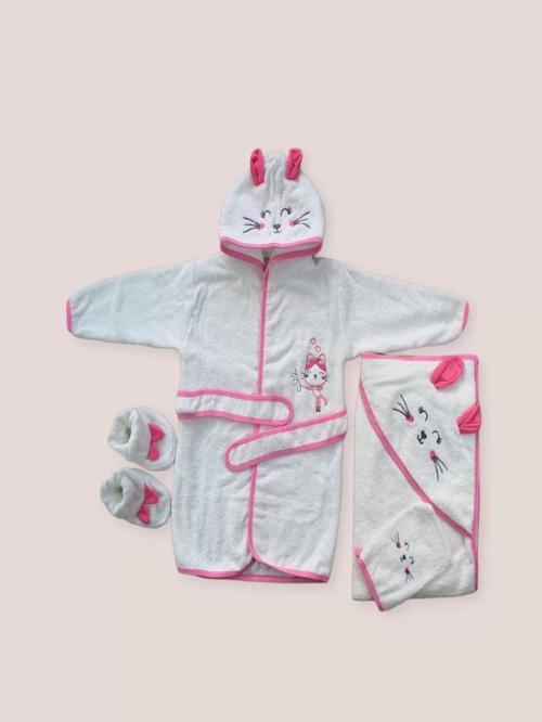 0-6 Ay Kedicik Nakışlı Bornozlu 5li Kız Bebek Havlu Silgi Takımı Fuşya