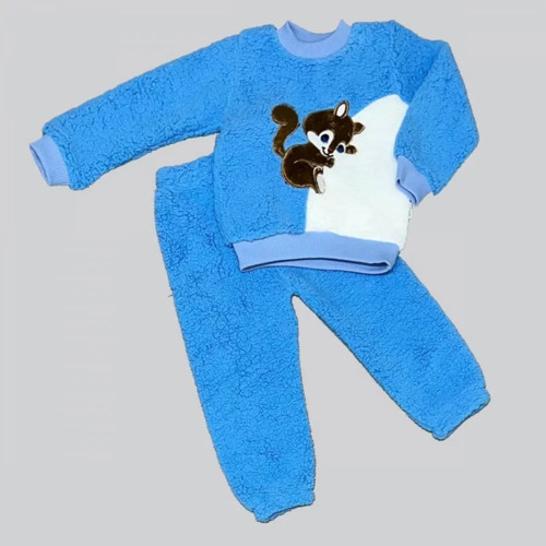 1-2-3 Yaş Masum Yavru Sincap Nakışlı Kuzu Kumaş Sweat Pantolon 2li Kız Erkek Bebek Takımı Saks Mavis