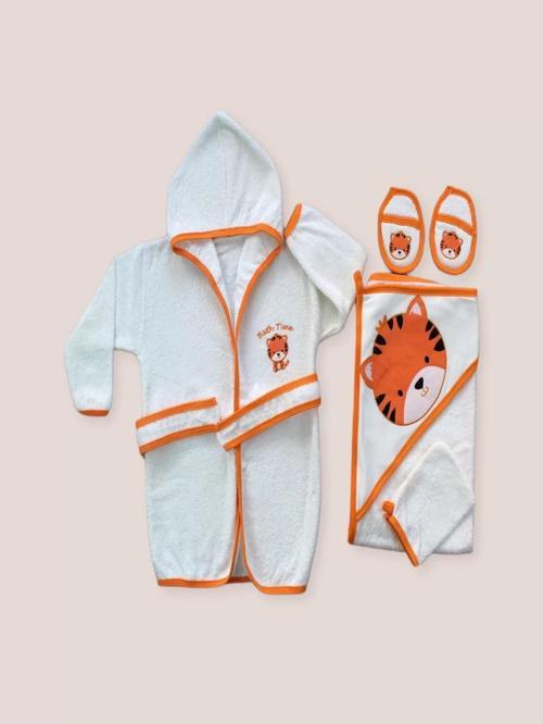 0-6 Ay Kaplan Nakışlı Bornozlu 5li Erkek Bebek Havlu Silgi Takımı Turuncu