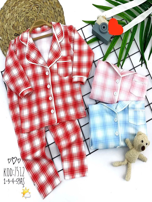 2-3-4-5 Yaş Düğme Kapamalı Ekose Desenli 2li Kız Erkek Çocuk Pijama Takımı Mavi