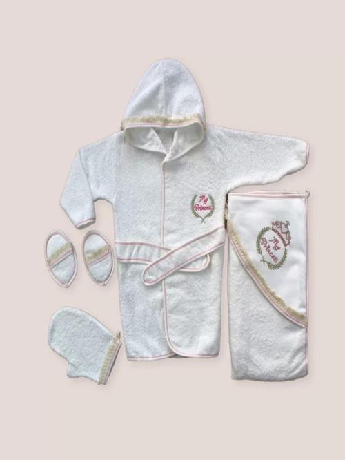 0-6 Ay Kaplan Nakışlı Bornozlu 5li Kız Bebek Havlu Silgi Takımı Pembe