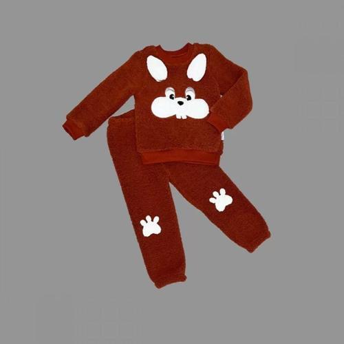 1-2-3 Yaş Kulaklı Tavşan Figürlü Kuzu Kumaş Sweat Pantolon Uzun Kollu Kız Erkek 2 Li Takımı Kahveren