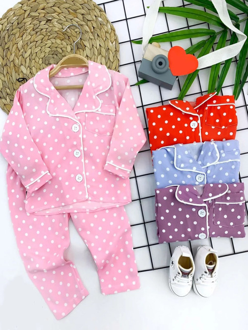 9-12-18-24 Ay Puantiyeli Düğme Kapama 2li Kız Erkek Bebek Pijama Takımı Mor