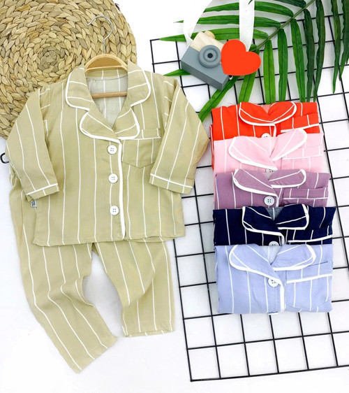 9-12-18-24 Ay Çizgili Düğme Kapamalı 2li Kız Erkek Bebek Pijama Takımı Pembe