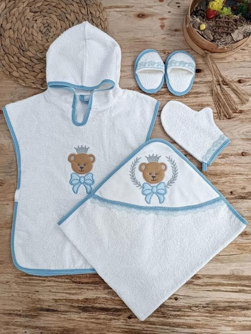 0-1 Yaş Bear Nakışlı Pareolu 4lü Erkek Bebek Havlu Silgi Takımı Mavi