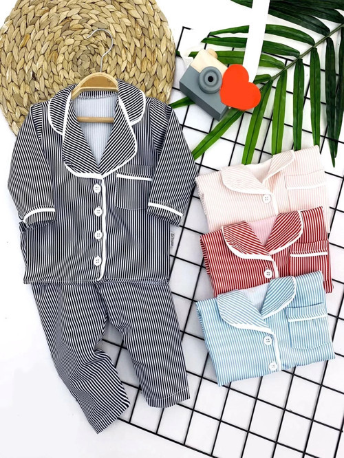 9-12-18-24 Ay Çizgili Düğme Kapamalı 2li Kız Erkek Bebek Pijama Takımı Mavi