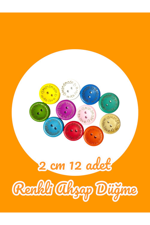 Düğme Karışık Renkli Ahşap Düğme 12 adet 2 cm Hırka Düğmesi Handmade Yazılı