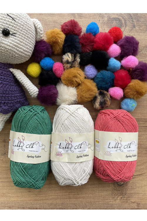 3lü %100 Pamuk Punch (panç) Ve Amigurumi Ipi Seti (nar Çiçeği-krem-çam Yeşili)