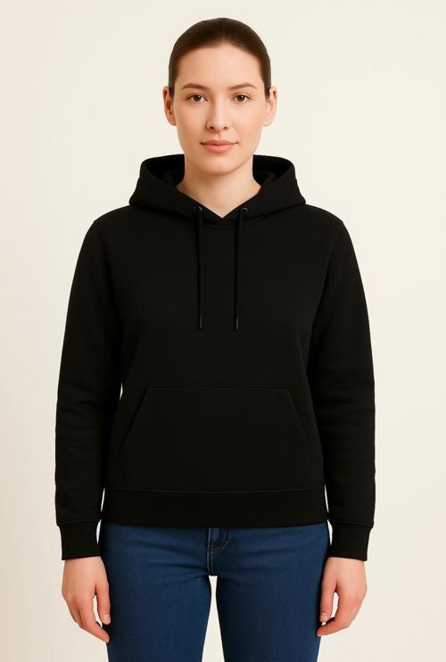 Kadın Siyah 3 İplik şardonlu Kapüşonlu Sweatshirt-W1108-K