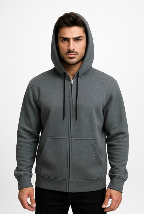 Erkek Gri Fermuarlı Kapüşonlu Sweatshirt 3 İplik Şardonlu-W590