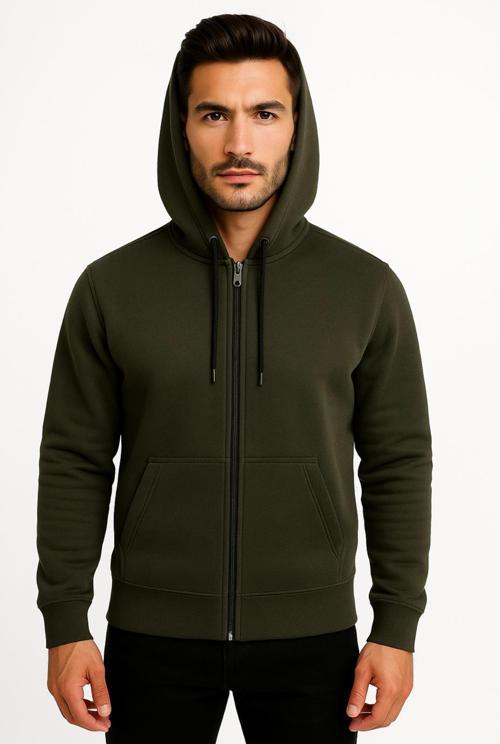 Erkek Haki Fermuarlı Kapüşonlu Sweatshirt 3 İplik Şardonlu-W590