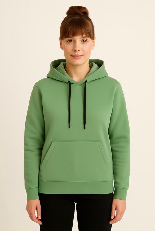 Kadın Yeşil 3 İplik şardonlu Kapüşonlu Sweatshirt-W1108-K