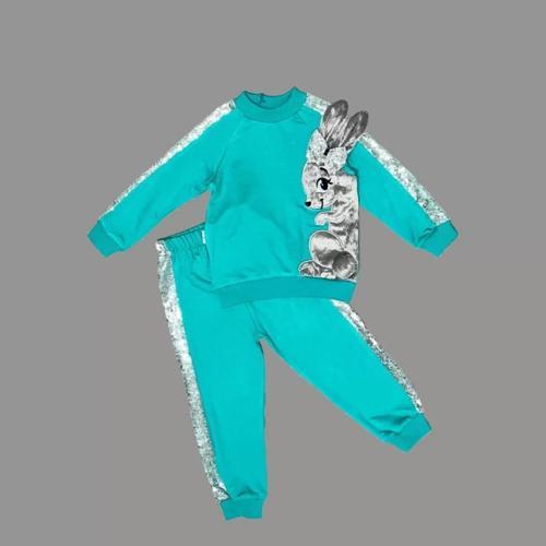 1-2-3 Yaş Payetli Pelüş Tavşan Desenli Likra Penye Kumaş Sweat Pantolonlu Kız 2li Çocuk Takımı Mint 