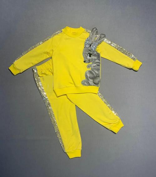 1-2-3 Yaş Payetli Pelüş Tavşan Desenli Likra Penye Kumaş Sweat Pantolonlu Kız 2li Çocuk Takımı Sarı