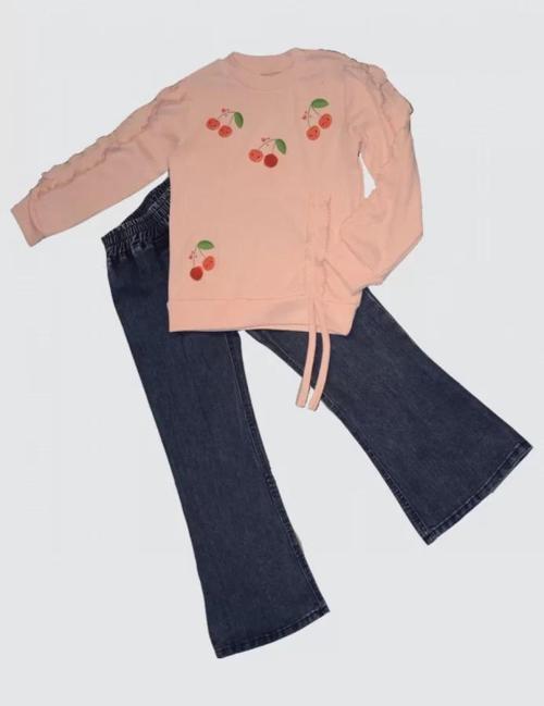 4-5-6 Yaş Kot Pantolonlu Kiraz Desenli Penye Sweat Uzun Kollu 2li Kız Çocuk Takımı Pudra