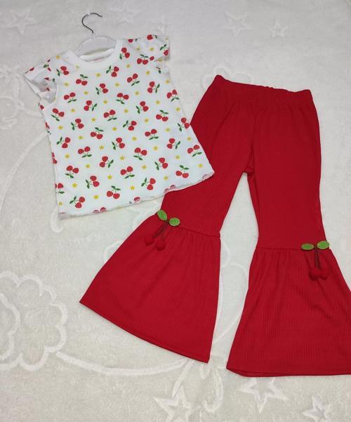 1-2-3-4 Yaş Kiraz Baskılı Tişört İspanyol Paçalı Likralı 2li Kız Çocuk Takımı Kırmızı