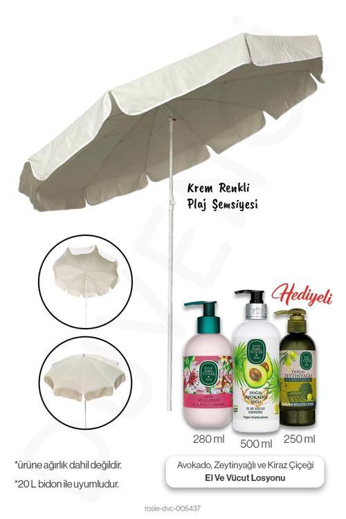 Krem Renk Plaj Şemsiyesi, 10 Telli, 200 CM Çap, Eğim verilebilir ve 3'lü Losyon Hediye