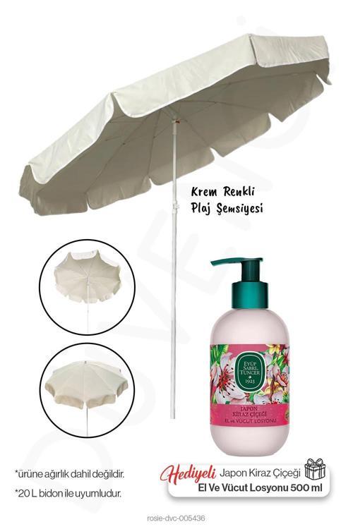 Plaj Şemsiyesi, 10 Telli, 200 CM Çap, Krem Renkli ve Japon Kiraz Çiçeği Losyon Hediye