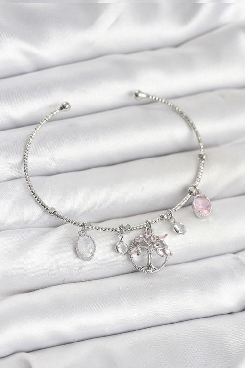 Zarif Bilekler için Silver Pirinç Hayat Ağacı Charmlı Kadın Bileklik