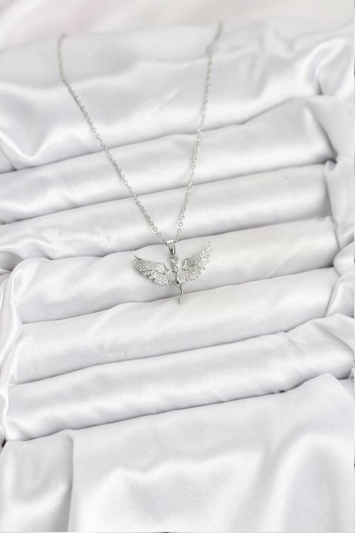 Zarif Boyunlar için Silver Çelik Zincirli Melek Kadın Kolye