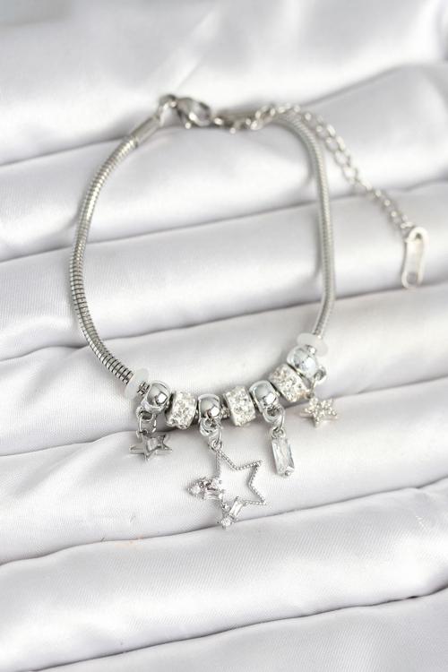 Zarif Bilekler için Silver Pirinç Yıldız Charmlı Kadın Bileklik