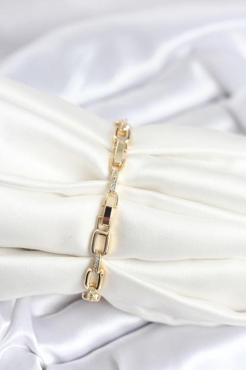 Zarif Bilekler için Golden Pirinç Kare Zincir Zirkonlu Kadın Bileklik