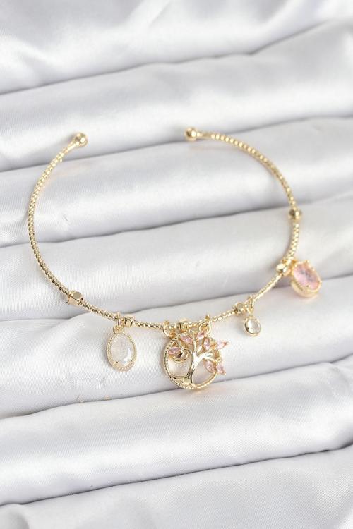 Zarif Bilekler için Golden Pirinç Hayat Ağacı Charmlı Kadın Bileklik