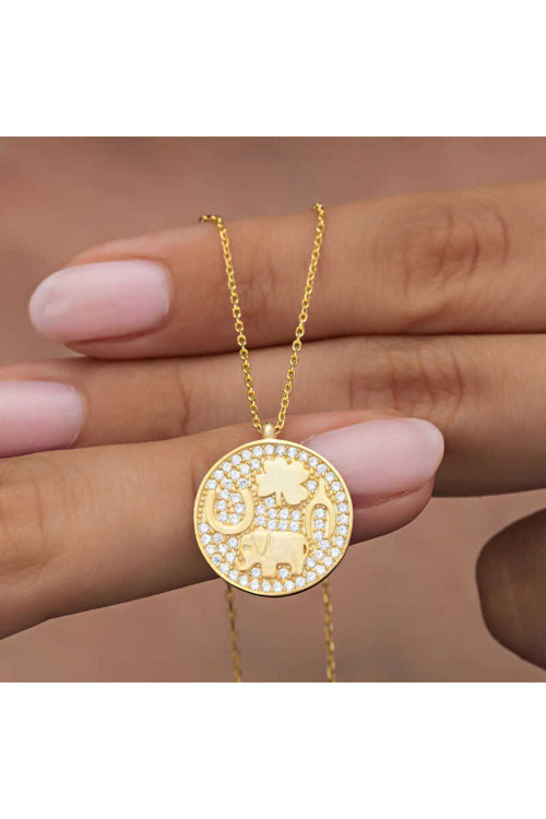 925 Ayar Gümüş Gold Fil Motifli Şans Kadın Kolye