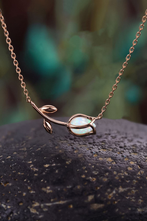 925 Ayar Gümüş Rose Kaplama Opal Taşlı Lale Kolye