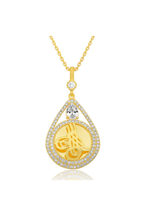 925 Ayar Gümüş Gold Kaplama Damla Tuğralı Kadın Kolye