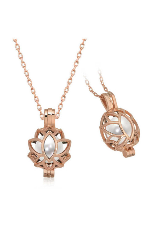 925 Ayar Gümüş Rose Beyaz İnci Kafesli Lotus Kadın Kolye