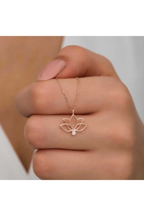 925 Ayar Gümüş Rose Lotus Çiçeği Kadın Kolye