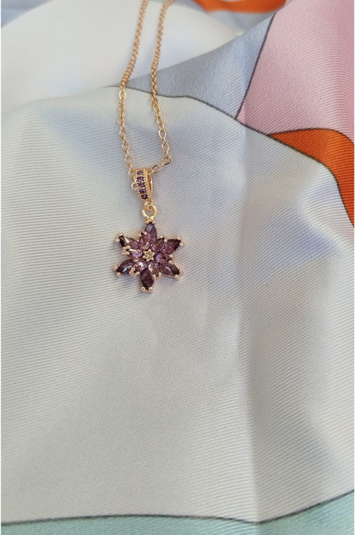 Kadın Rose Altın Kaplama Mor Taşlı Tepelikli Lotus Çiçeği Kolye