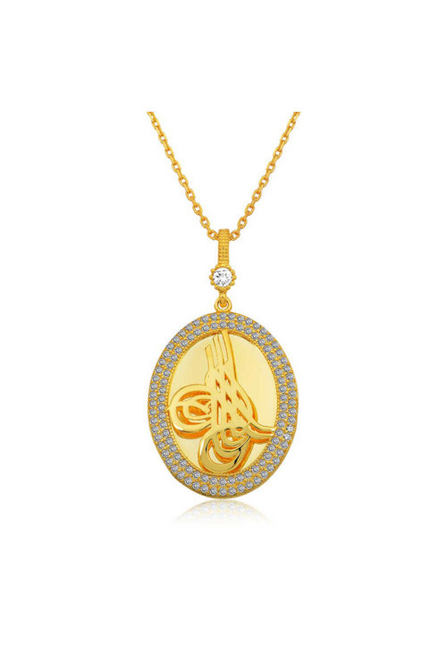 925 Ayar Gümüş Gold Tuğralı Oval Kadın Kolye