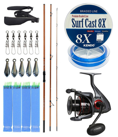 YekOutdoor Profesyonel Olta Seti Okuma Trio Rex Surf 450cm 120-250 gr 3 Parça Surf Kamışı&Okuma Ceymar C-6000A 7+1BB Olt