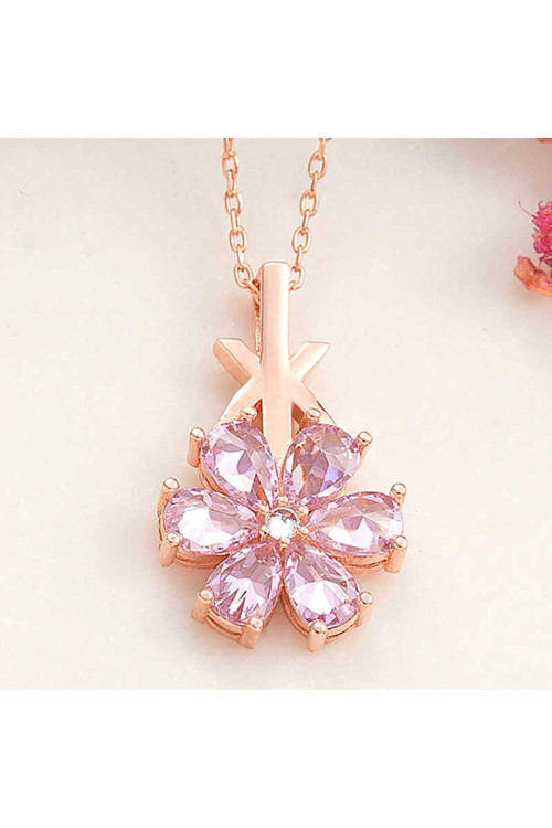 925 Ayar Gümüş Rose Pembe Sevgi Çiçeği Kadın Kolye